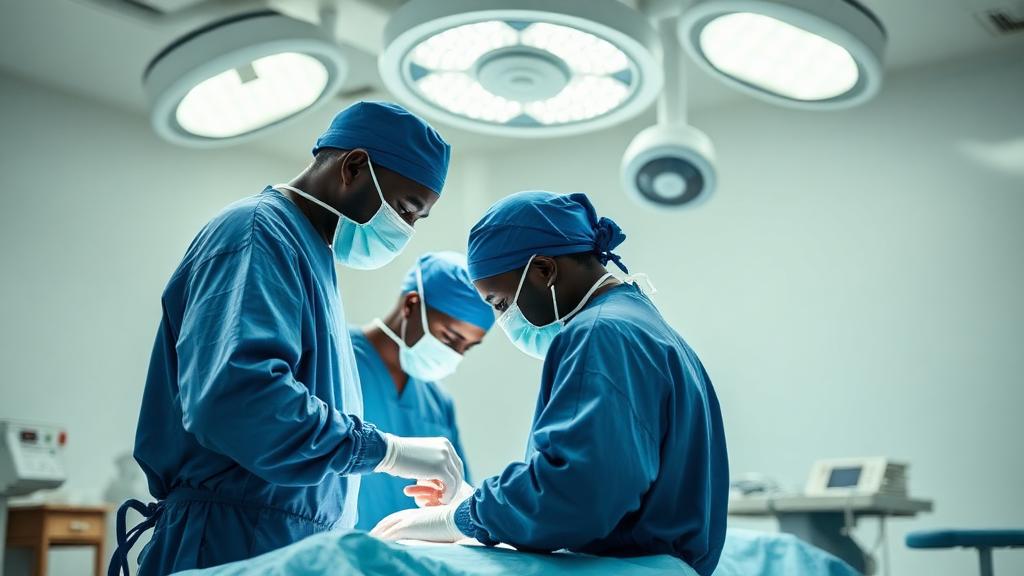 Surgical team in navy scrubs operating in a modern theatre