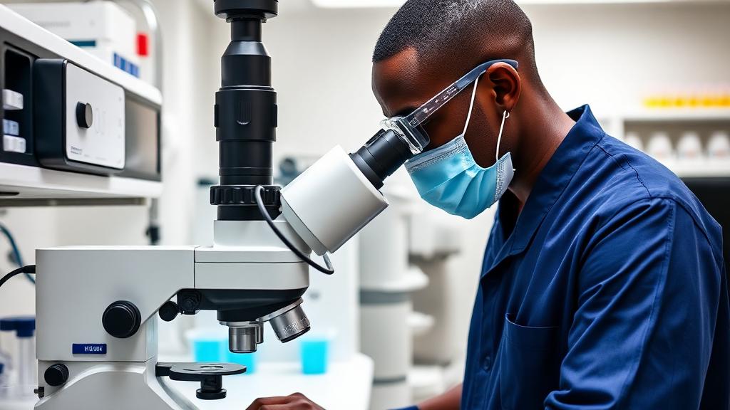 Laboratory technician using a microscope in the Eastmark laboratory