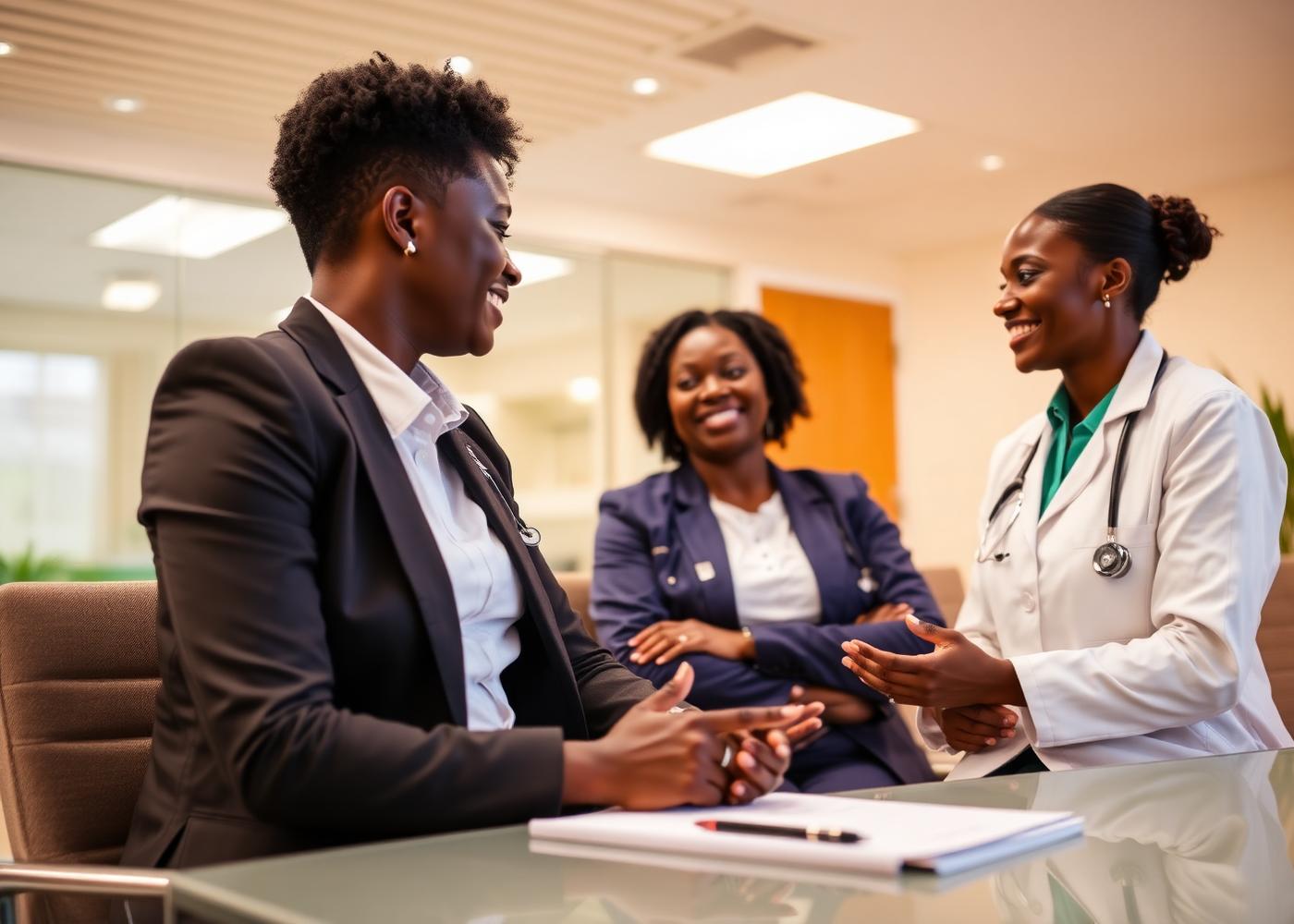 Doctor reviewing digital health records with a corporate client