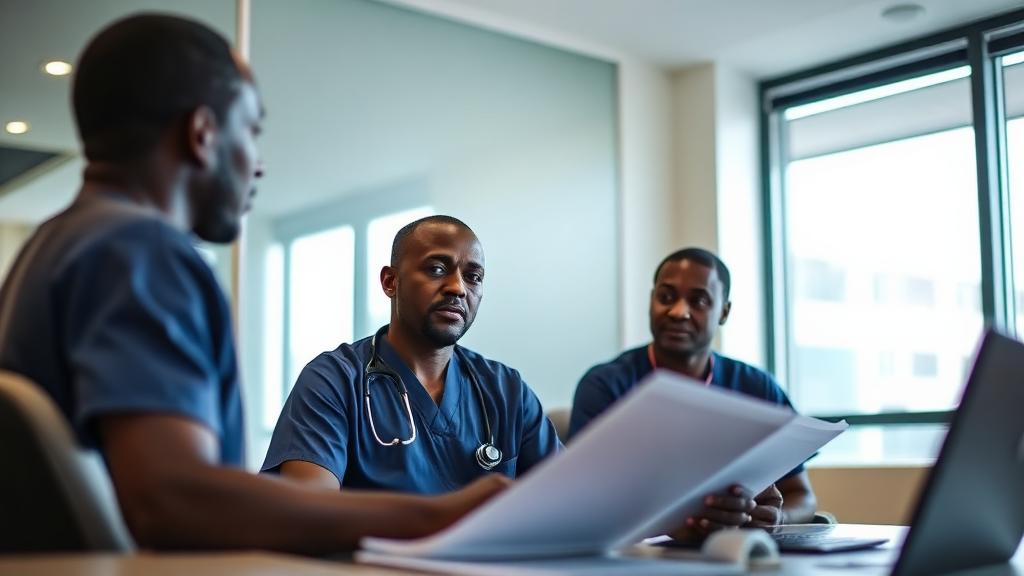 Kenyan doctor in navy scrubs consulting a patient at Eastmark Medical Centre
