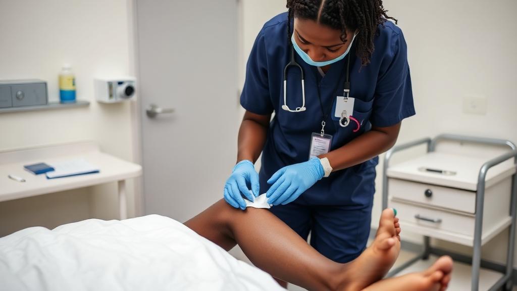 Nurse applying a modern dressing during specialist wound care
