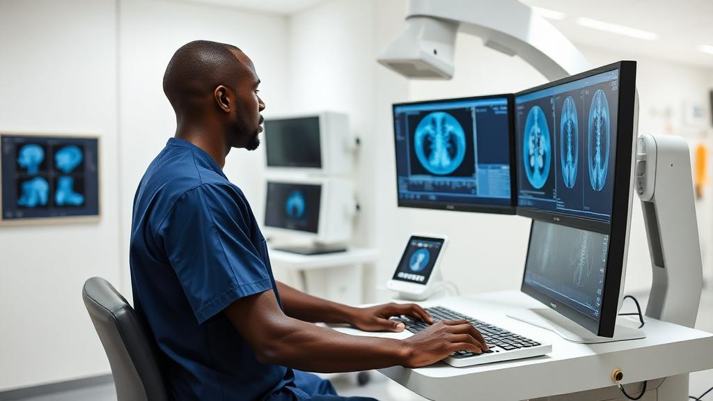 Radiographer reviewing digital scans in the imaging suite