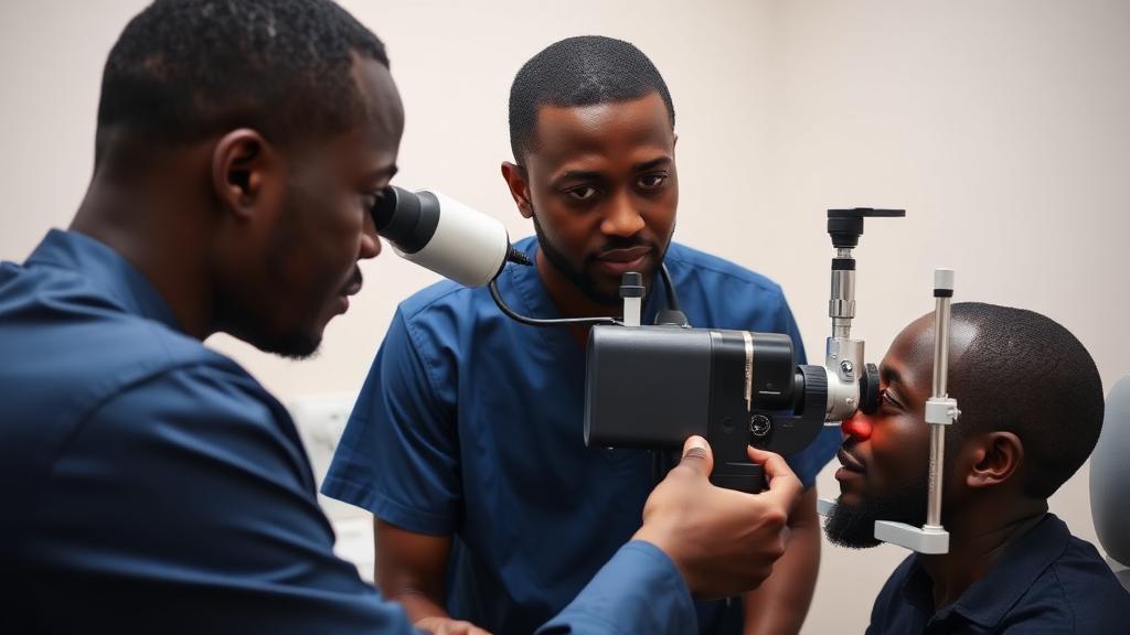 Ophthalmologist examining a patient's eyes with a slit lamp