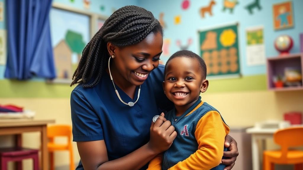 Paediatrician examining a smiling child in the paediatric clinic