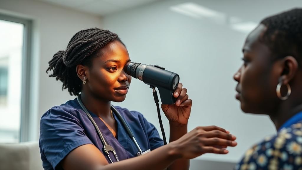 Dermatologist assessing a patient's skin with examination lighting