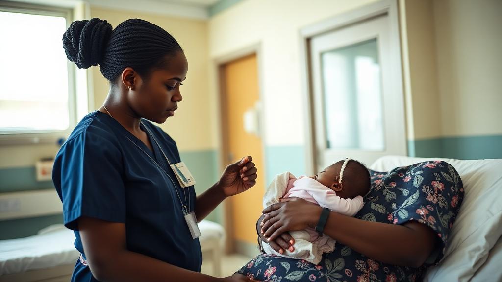 Midwife in navy scrubs caring for a mother and newborn in the maternity ward